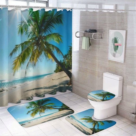 RKSupls 4PCS Palm Tree Beach Sun Tropical Day Waterproof Shower Curtain Sets with Hooks,Bathroom Sets with Non-Slip Rugs,Toilet Lid Cover and Bath Mat
