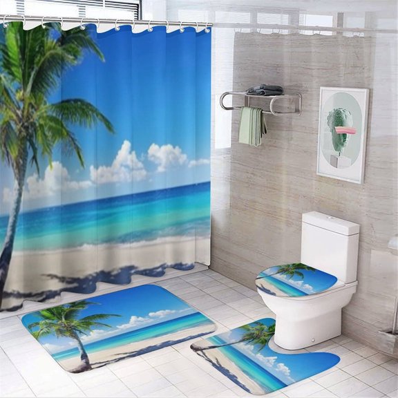 RKSupls 4PCS Palm Tree Beach Water Tropical Shore Waterproof Shower Curtain Sets with Hooks,Bathroom Sets with Non-Slip Rugs,Toilet Lid Cover and Bath Mat