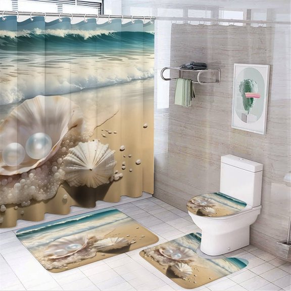 RKSupls 4PCS Pearl Shell Sandy Beach Waves Waterproof Shower Curtain Sets with Hooks,Bathroom Sets with Non-Slip Rugs,Toilet Lid Cover and Bath Mat
