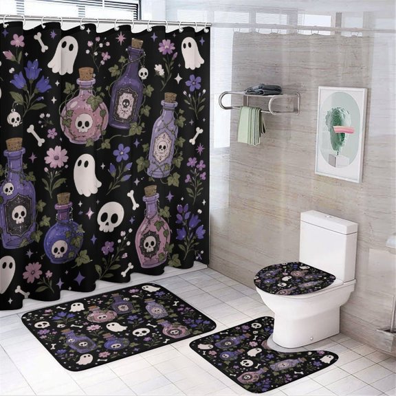 RKSupls 4PCS Potion Bottles Ghosts Pattern Waterproof Shower Curtain Sets with Hooks,Bathroom Sets with Non-Slip Rugs,Toilet Lid Cover and Bath Mat