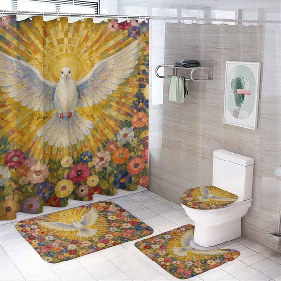 RKSupls 4PCS Praying Angelwith Golden Halo Waterproof Shower Curtain Sets with Hooks,Bathroom Sets with Non-Slip Rugs,Toilet Lid Cover and Bath Mat