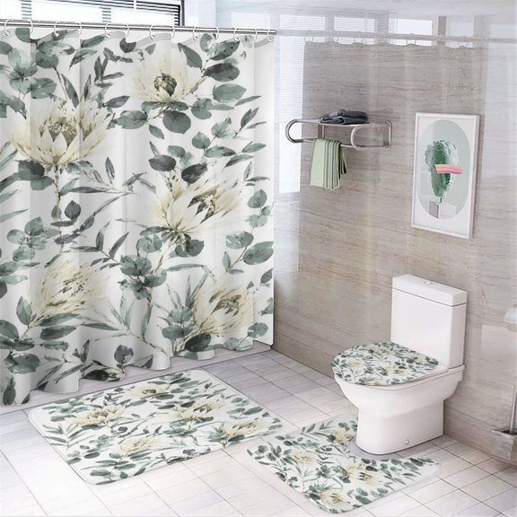 RKSupls 4PCS Protea Eucalyptus Watercolor Pattern Waterproof Shower Curtain Sets with Hooks,Bathroom Sets with Non-Slip Rugs,Toilet Lid Cover and Bath Mat