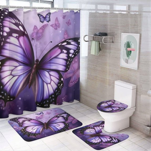 RKSupls 4PCS Purple Butterflies Magic Glow Waterproof Shower Curtain Sets with Hooks,Bathroom Sets with Non-Slip Rugs,Toilet Lid Cover and Bath Mat