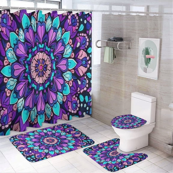 RKSupls 4PCS Purple Mandala Floral Pattern Waterproof Shower Curtain Sets with Hooks,Bathroom Sets with Non-Slip Rugs,Toilet Lid Cover and Bath Mat