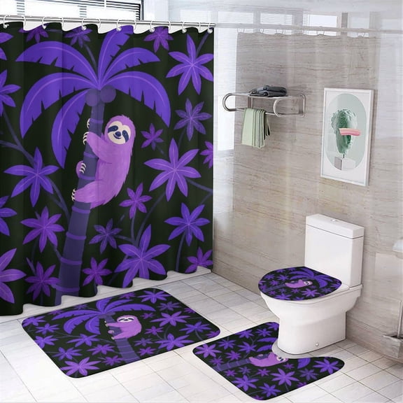 RKSupls 4PCS Purple Sloth Climbing Palm Tree Waterproof Shower Curtain Sets with Hooks,Bathroom Sets with Non-Slip Rugs,Toilet Lid Cover and Bath Mat