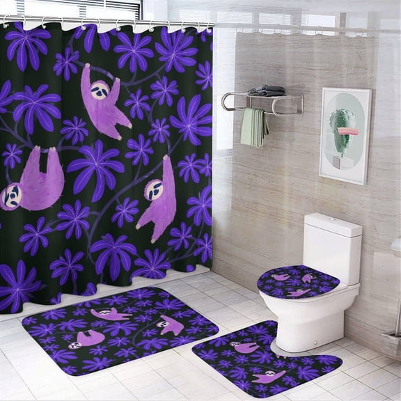 RKSupls 4PCS Purple Sloths Jungle Vine Pattern Waterproof Shower Curtain Sets with Hooks,Bathroom Sets with Non-Slip Rugs,Toilet Lid Cover and Bath Mat
