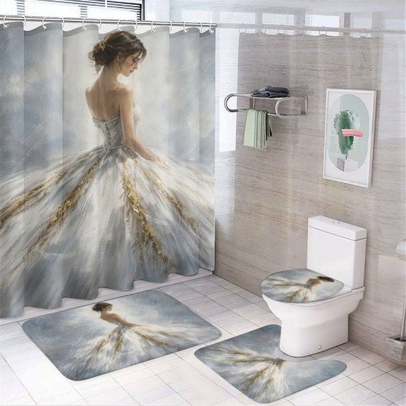 RKSupls 4PCS Radiant Sacred Figurewith Halo Waterproof Shower Curtain Sets with Hooks,Bathroom Sets with Non-Slip Rugs,Toilet Lid Cover and Bath Mat