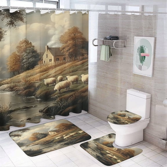 RKSupls 4PCS River Cottage Sheep Pasture Waterproof Shower Curtain Sets with Hooks,Bathroom Sets with Non-Slip Rugs,Toilet Lid Cover and Bath Mat