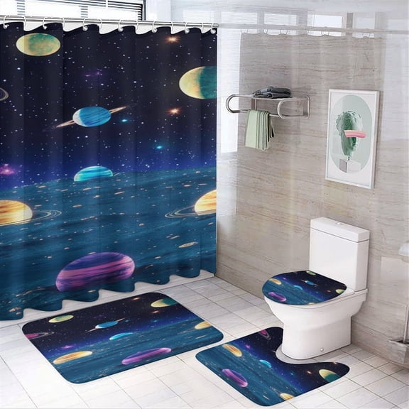 RKSupls 4PCS Space Planet Ocean Reflection Waterproof Shower Curtain Sets with Hooks,Bathroom Sets with Non-Slip Rugs,Toilet Lid Cover and Bath Mat