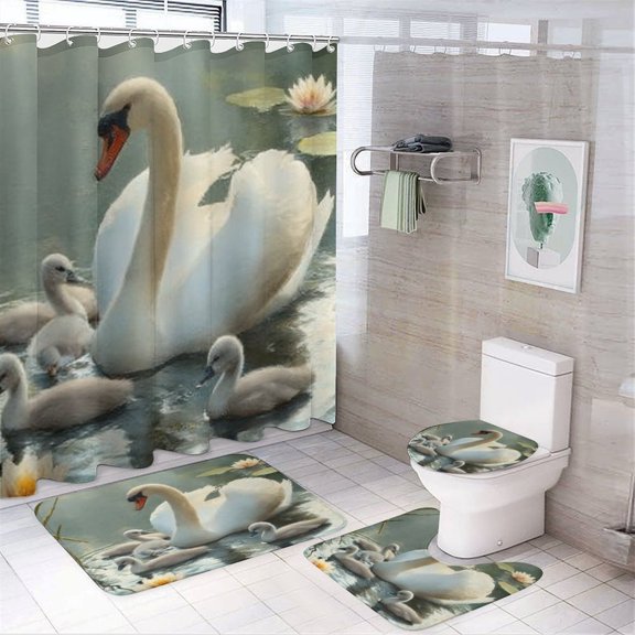RKSupls 4PCS Swan Cygnets Pond Lily Waterproof Shower Curtain Sets with Hooks,Bathroom Sets with Non-Slip Rugs,Toilet Lid Cover and Bath Mat