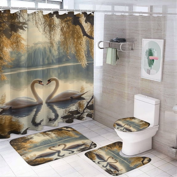 RKSupls 4PCS Swans Heart Lake Willow Waterproof Shower Curtain Sets with Hooks,Bathroom Sets with Non-Slip Rugs,Toilet Lid Cover and Bath Mat