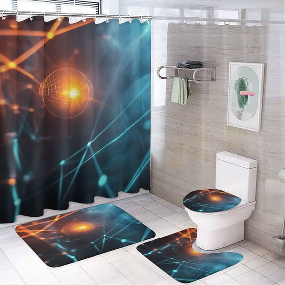 RKSupls 4PCS Tech Globe Network Abstract Waterproof Shower Curtain Sets with Hooks,Bathroom Sets with Non-Slip Rugs,Toilet Lid Cover and Bath Mat