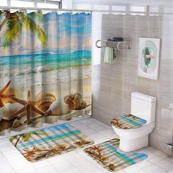 RKSupls 4PCS Tropical Beach Shells Palm Tree Waterproof Shower Curtain Sets with Hooks,Bathroom Sets with Non-Slip Rugs,Toilet Lid Cover and Bath Mat