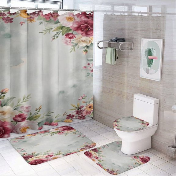 RKSupls 4PCS Tropical Lily Leaf Vector Pattern Waterproof Shower Curtain Sets with Hooks,Bathroom Sets with Non-Slip Rugs,Toilet Lid Cover and Bath Mat
