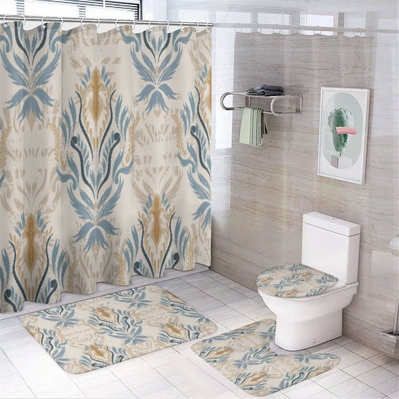 RKSupls 4PCS Vector Seamless Floral Pattern Waterproof Shower Curtain Sets with Hooks,Bathroom Sets with Non-Slip Rugs,Toilet Lid Cover and Bath Mat
