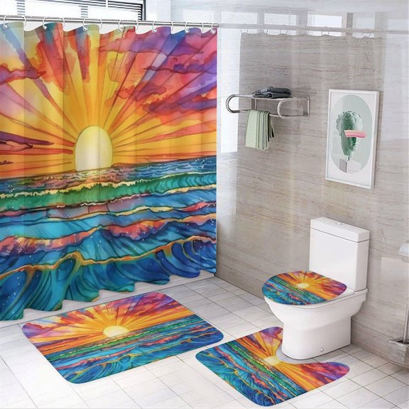 RKSupls 4PCS Vibrant Sunset Rays Waves Waterproof Shower Curtain Sets with Hooks,Bathroom Sets with Non-Slip Rugs,Toilet Lid Cover and Bath Mat