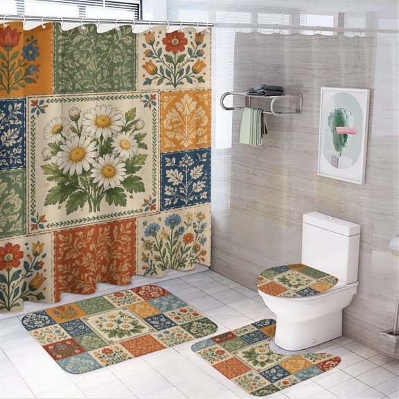 RKSupls 4PCS Vintage Daisy Floral Patchwork Art Waterproof Shower Curtain Sets with Hooks,Bathroom Sets with Non-Slip Rugs,Toilet Lid Cover and Bath Mat