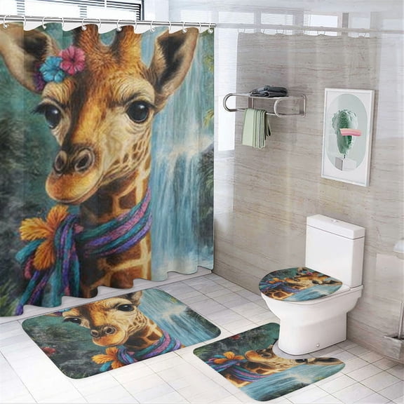 RKSupls 4PCS Waterproof Shower Curtain Sets, Cute Giraffe in Lush Forest Shower Curtain Set, Valentine's Day Bathroom Sets with Non-Slip Rugs, Toilet Lid Cover and Bath Mat with Hooks