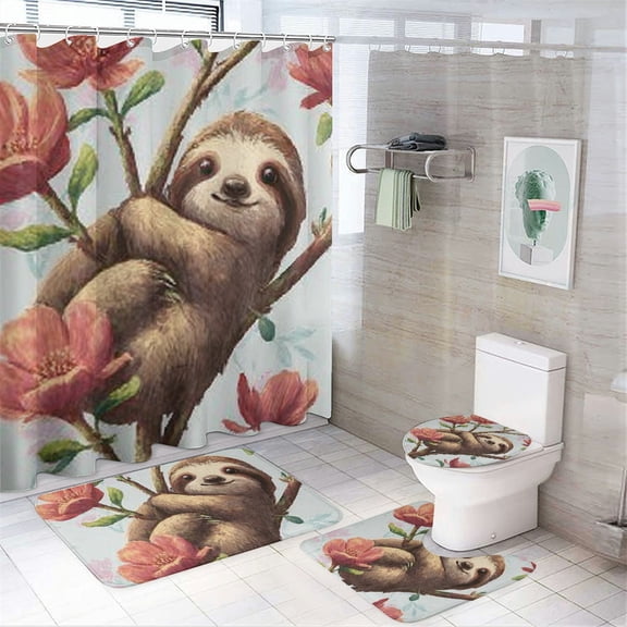 RKSupls 4PCS Waterproof Shower Curtain Sets, Funny Sloth Shower Curtain Set, Valentine's Day Bathroom Sets with Non-Slip Rugs, Toilet Lid Cover and Bath Mat with Hooks