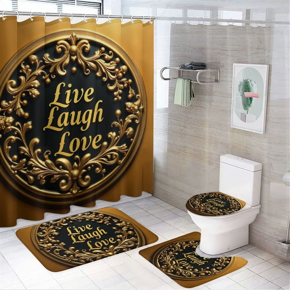 RKSupls 4PCS Waterproof Shower Curtain Sets, Gold Ornate Live Laugh Love Quote Shower Curtain Set, Bathroom Sets with Non-Slip Rugs, Toilet Lid Cover and Bath Mat with Hooks