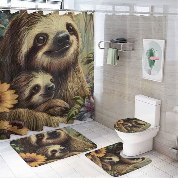 RKSupls 4PCS Waterproof Shower Curtain Sets, Hugging Sloths Shower Curtain Set, Valentine's Day Bathroom Sets with Non-Slip Rugs, Toilet Lid Cover and Bath Mat with Hooks