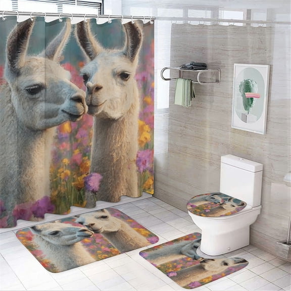 RKSupls 4PCS Waterproof Shower Curtain Sets, Romantic Llama Shower Curtain Set, Valentine's Day Bathroom Sets with Non-Slip Rugs, Toilet Lid Cover and Bath Mat with Hooks