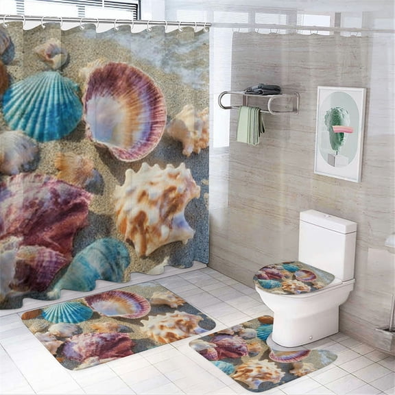RKSupls 4PCS Waterproof Shower Curtain Sets, Seashell Beach Shower Curtain Set, Valentine's Day Bathroom Sets with Non-Slip Rugs, Toilet Lid Cover and Bath Mat with Hooks