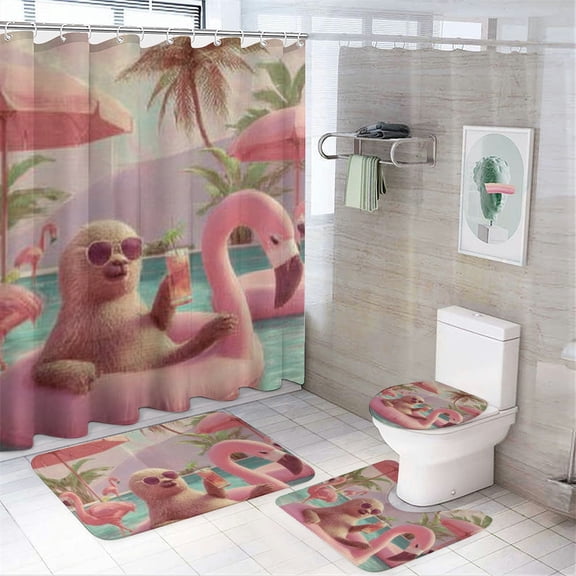 RKSupls 4PCS Waterproof Shower Curtain Sets, Tropical Sloth Shower Curtain Set, Valentine's Day Bathroom Sets with Non-Slip Rugs, Toilet Lid Cover and Bath Mat with Hooks