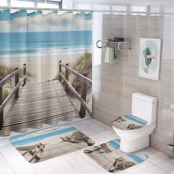 RKSupls 4PCS Wooden Boardwalk Sandy Beach Waterproof Shower Curtain Sets with Hooks,Bathroom Sets with Non-Slip Rugs,Toilet Lid Cover and Bath Mat