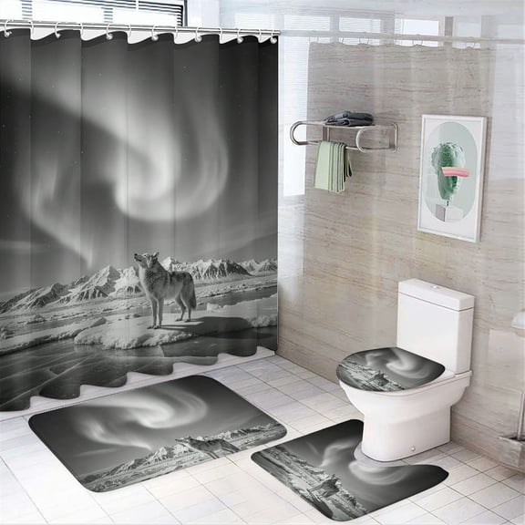 RKSupls 4pcs Bathroom Sets with Non-Slip Rugs, Toilet Lid Cover and Bath Mat with Hooks, Northern Lights Wolf Print printed bathroom four piece set,  Suitable for home bathrooms