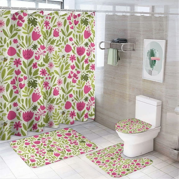 RKSupls 4pcs Bright Bloom Meadow Print printed bathroom four piece set, Preferred material easy to clean, Suitable for home bathrooms