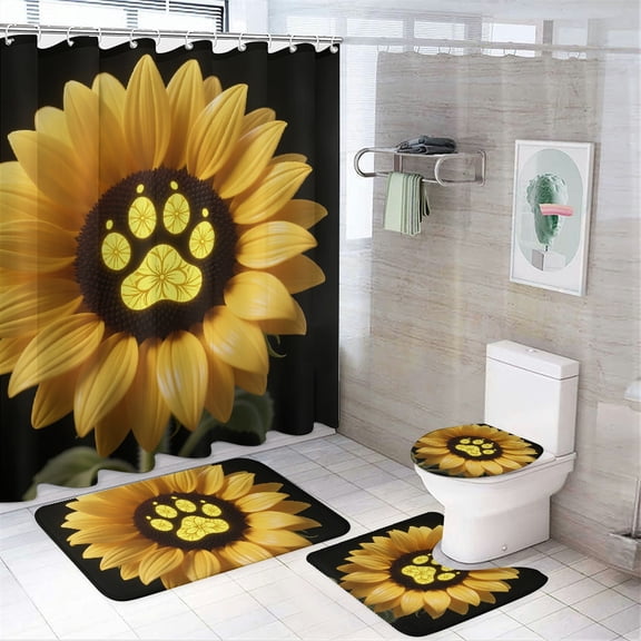 RKSupls 4pcs Cute Dog Paw Print Love Yellow Sunflower Design Print Waterproof Shower Curtain Sets, strong durability strong waterproofness, Suitable for home bathrooms