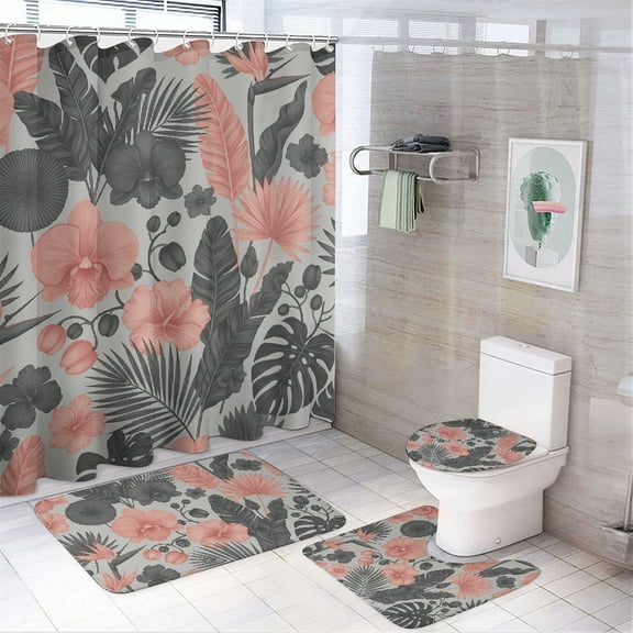 RKSupls 4pcs Midnight Jungle Bloom Print flannel foot mat, strong waterproofness Preferred material, Suitable for home bathrooms