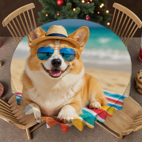 RKSupls 60 Inch Beach Corgi in Straw Hat Soft, Machine-Made - 2D Flat Printing Round Tablecloth, Wedding, Party, Holiday, Home Dining