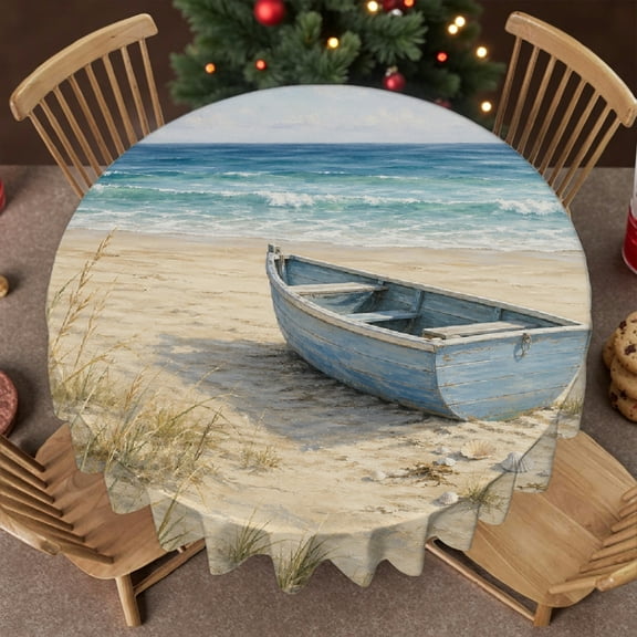 RKSupls 60 Inch Blue Boat Beach Print 60 Inch Round Tablecloth, Machine-Made 2D Flat Printing, Blue Boat Beach