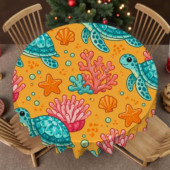 RKSupls 60 Inch Cartoon Sea Turtles  Stain Resistant & Washable Decor, Machine-Made - Polyester Tablecloths Round Tablecloth, Wedding, Party, Holiday, Home Dining
