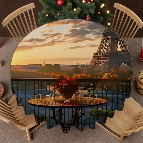 RKSupls 60 Inch Eiffel Tower Sunset Paris Balcony Soft, Kitchen Accessories - 2D Flat Printing Polyester Table Cover , Wedding, Party, Holiday, Home Dining