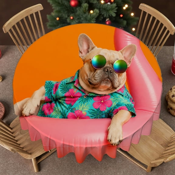 RKSupls 60 Inch French Bulldog On Flamingo Float Soft, Festive Round Table Setting - 2D Flat Printing Round Tablecloth, Wedding, Party, Holiday, Home Dining
