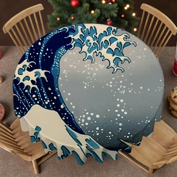 RKSupls 60 Inch Great Wave Boat Art Round Tablecloth, Polyester Tablecloths - Machine-Made Stain Resistant & Washable Decor, Wedding, Party, Holiday, Home Dining