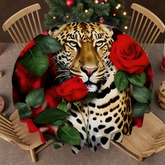 RKSupls 60 Inch Leopard Roses Jungle Wild Cat Floral Animal Portrait Nature Polyester Table Cover , Holiday-Themed Design - 2D Flat Printing Round Tablecloth, Wedding, Party, Holiday, Home Dining