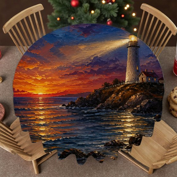 RKSupls 60 Inch Lighthouse Ocean Sunset Night Print Soft, Holiday-Themed Design Festive Table Setting, Lighthouse Ocean Sunset Night