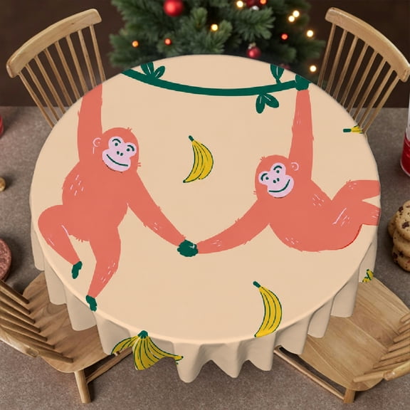 RKSupls 60 Inch  Monkeys Swinging Bananas Print  Stain Resistant & Washable Decor, Machine-Made Polyester Tablecloths, Monkeys Swinging Bananas