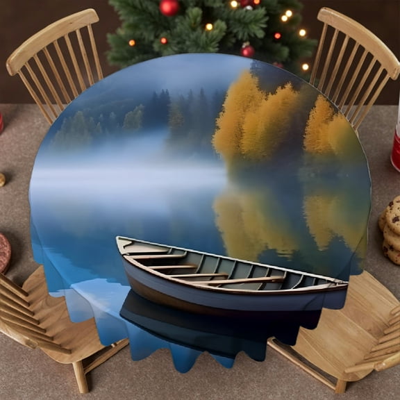RKSupls 60 Inch    Mountain Lake Boat Mist Autumn Print  Round Tablecloth, Kitchen Accessories  Holiday-Themed Design, Mountain Lake Boat Mist Autumn