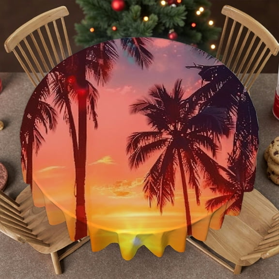 RKSupls 60 Inch Orange Sunset Palm Beach Print Round Tablecloth, Kitchen Accessories Polyester Tablecloths, Orange Sunset Palm Beach