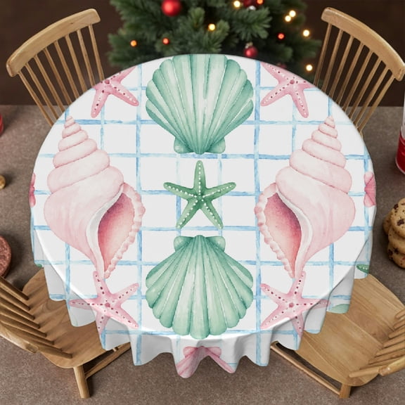 RKSupls 60 Inch Pastel Seashell Grid Arrangement Polyester Round Table Cover, Machine-Made - 2D Flat Printing Stain Resistant & Washable Decor, Wedding, Party, Holiday, Home Dining