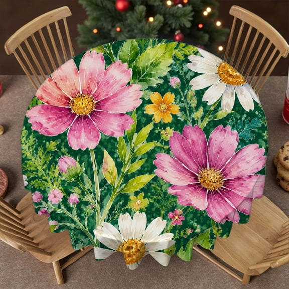 RKSupls 60 Inch Pink Daisy Green Meadow Round Tablecloth, Kitchen Accessories - 2D Flat Printing  Polyester Round Table Cover, Wedding, Party, Holiday, Home Dining