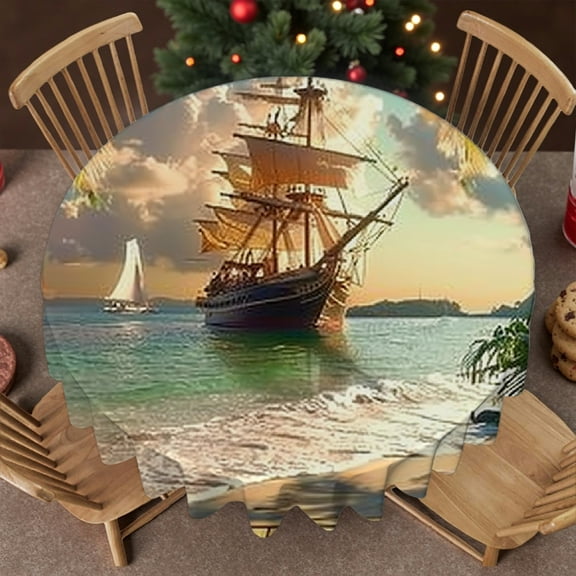 RKSupls 60 Inch Pirate Ship Beach Palm Trees Print Round Tablecloth, Festive Table Setting 2D Flat Printing, Pirate Ship Beach Palm Trees