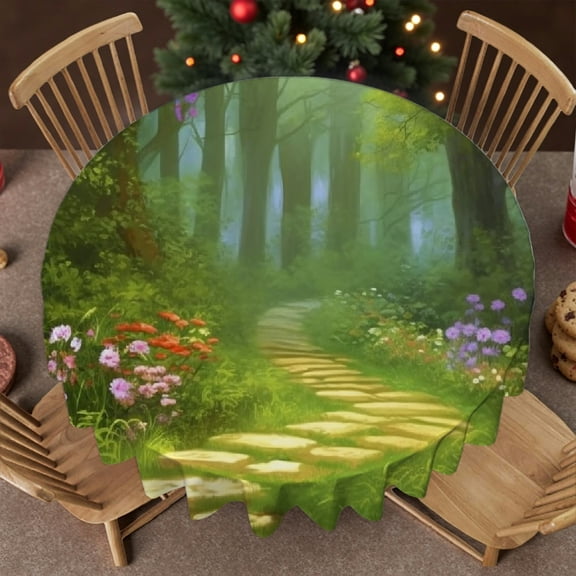 RKSupls 60 Inch  Polyester Table Cover  - Enchanted Forest Path Flowers Green Fantasy Art Print, Machine-Made 2D Flat Printing  Soft, Wedding, Party, Holiday, Home Dining