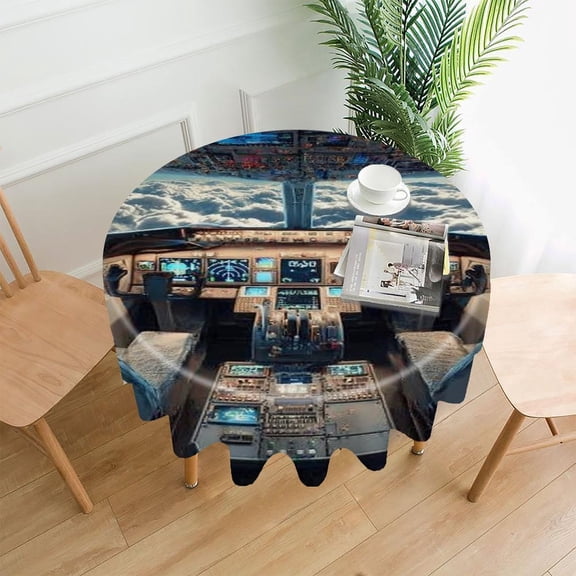 RKSupls 60 Inch Round Tablecloth, Airplane Cockpit Clouds Sky Premium Polyester Straight Edge Wrinkle Resistant Washable Table Cover for Party Home Dining Decor