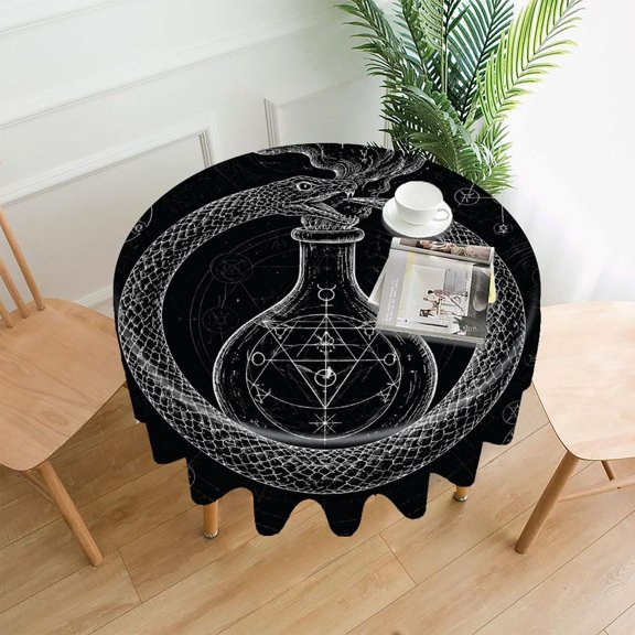 RKSupls 60 Inch Round Tablecloth, Alchemy Snake Flask Mystic Art Premium Polyester Straight Edge Wrinkle Resistant Washable Table Cover for Party Home Dining Decor